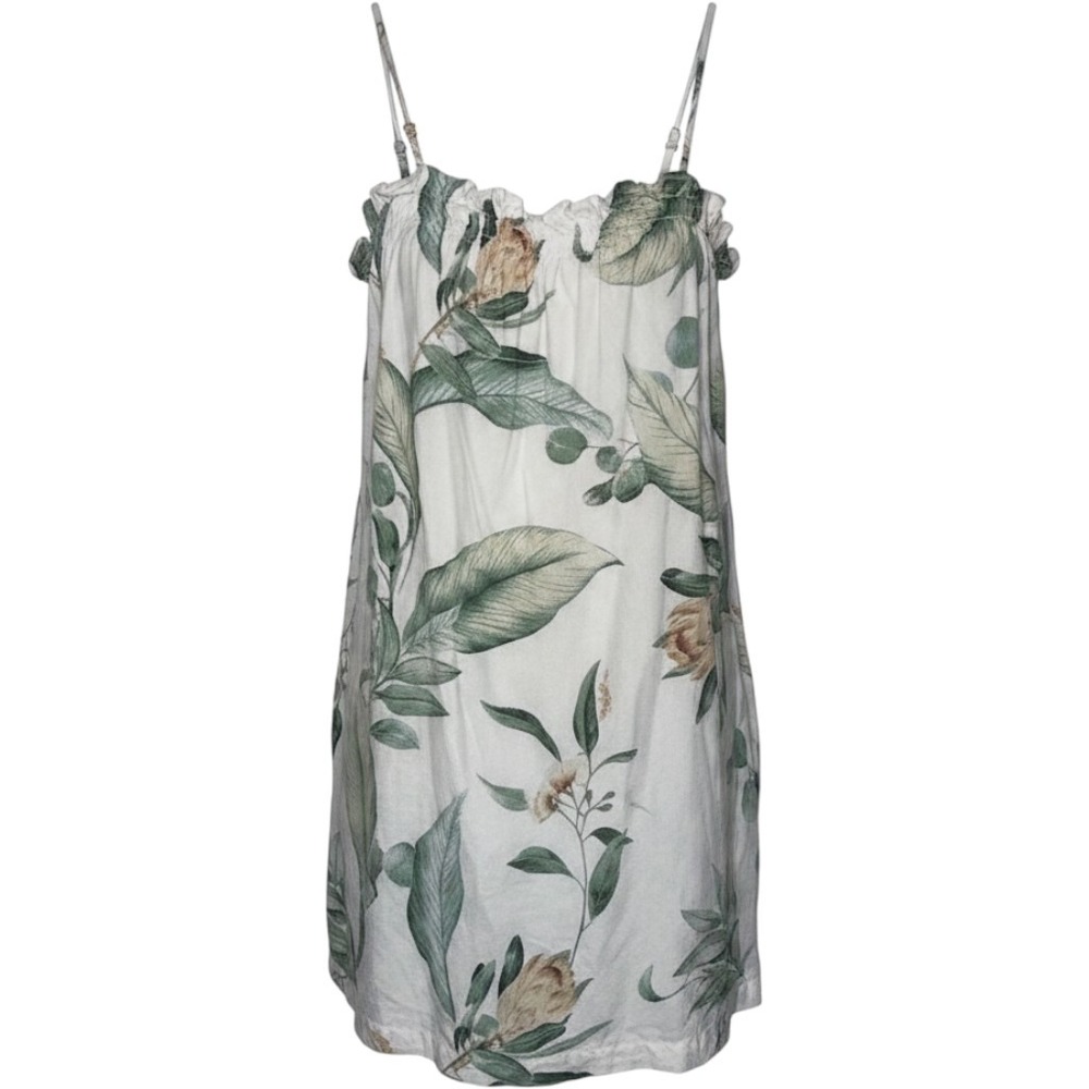 Tropical Leaf Print Smocked Ruffle Strap Mini Babydoll Vacation Dress Women's XS